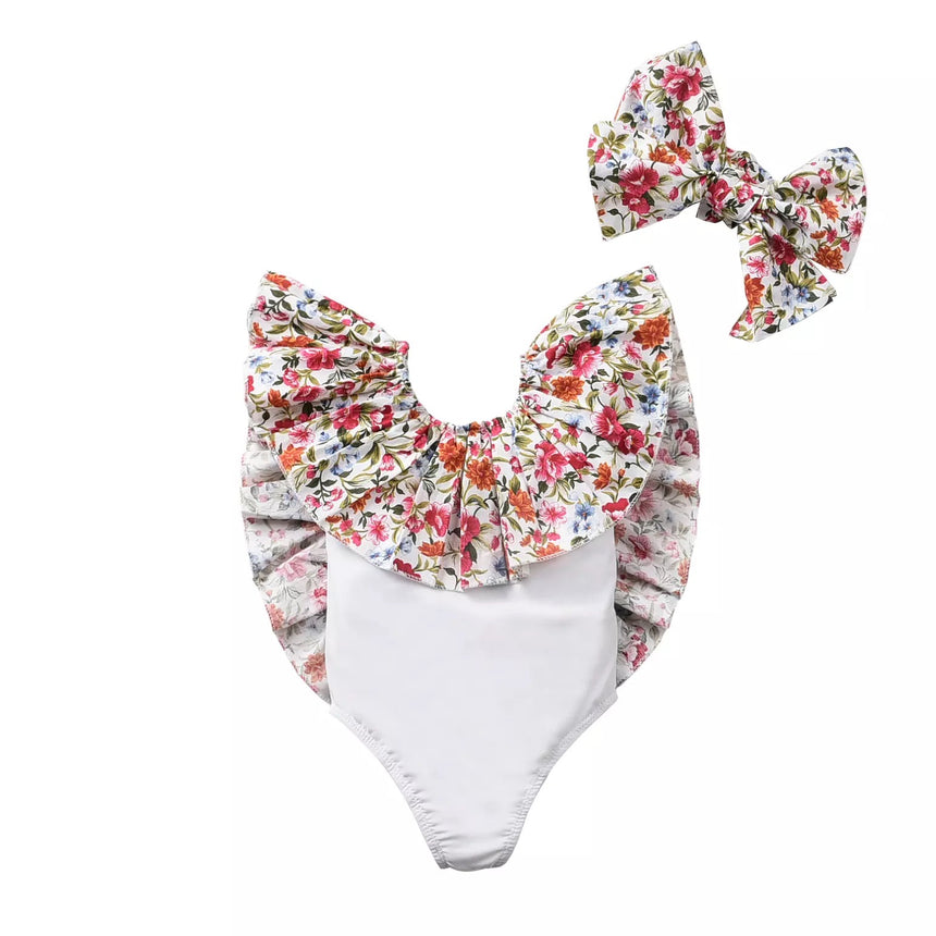 White Floral Ruffle One Piece Swimsuit